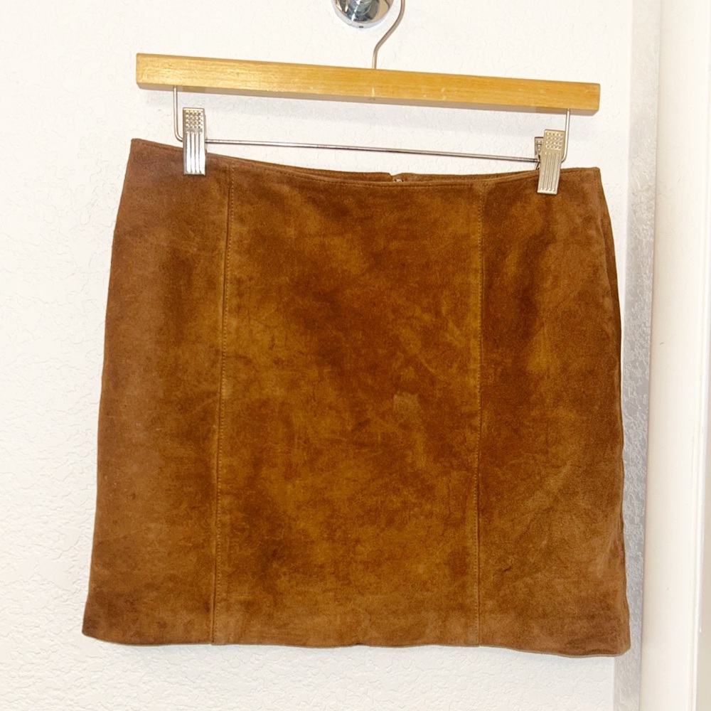 VTG Y2k The 💯 Suede A-Line Mini Skirt in Cognac Brown 15 1/4” SZ: Small (2)
